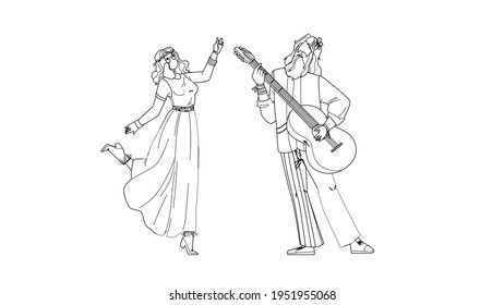 Hippie Couple Dancing And Playing On Guitar Black Line Pencil Drawing Vector. Young Man And Woman Hippie Performing On Musician Instrument And Dance Together. Funny Leisure Time Illustration