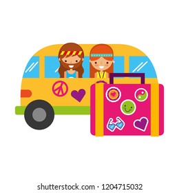 hippie couple in mini van suitcase travel