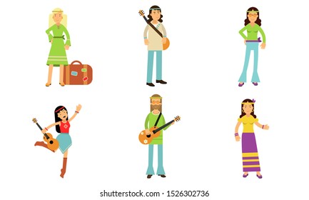 Hippie Culture In Sixties Isolated On White Background Vector Illustration Set