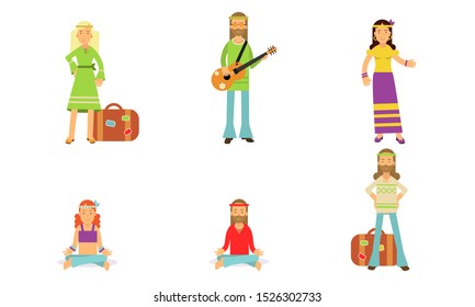 Hippie Culture In Sixties And Seventies Vector Illustration Set Isolated On White Background