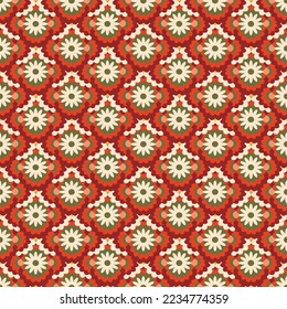 Hippie daisy 60s, 70s style floral geometric seamless pattern for fabric, stationery, packaging or print material.