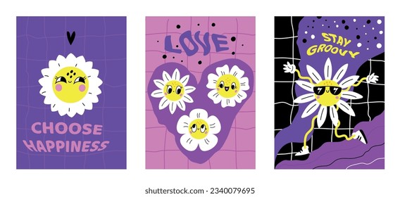 Hippie daisy flower posters. Groovy floral cards. Psychedelic acid colors. Chamomiles comic characters. Blooming plant with retro smiling face. Love and happiness. Garish