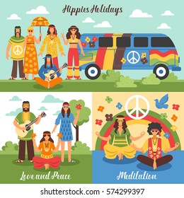 Hippie design concept set with travel into holidays outdoor recreation and flat meditation compositions vector illustration