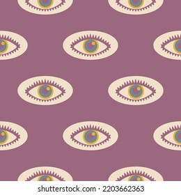Hippie design elements. Aesthetics of the seventies, fun groovy seamless pattern. Crazy psychedelic vision. Graphic element. Retro design, muted colors