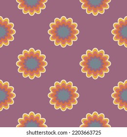 Hippie design elements. Aesthetics of the seventies, fun groovy seamless pattern. Crazy psychedelic mandala. Spiral graphic element. Retro design, muted colors
