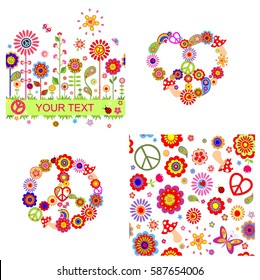 Hippie design with heart shape, peace symbol, abstract flowers and mushrooms
