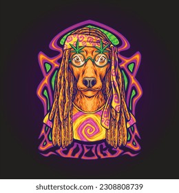 Hippie dog bohemian clothes with art nouveau background illustrations vector illustrations for your work logo, merchandise t-shirt, stickers and label designs, poster, greeting cards advertising 