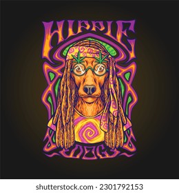 Hippie-Hund mit Cannabis-Brillen auf psychedelischen Hintergrund-Illustrationen Vektorgrafik für Ihr Arbeitslogo, Handelsartikel-T-Shirt, Aufkleber und Etikettendesigns, Poster, Grußkarten Werbefirma