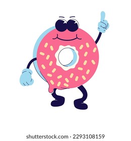 Hippie Donut in glaze, 70's groovy Retro print. illustration for tee, t shirt and sticker - poster design. Funky character donut in glaze concept. Vector illustration.