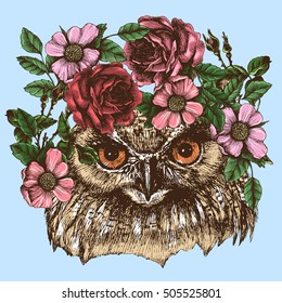 Hippie eagle owl in the roses wreath. Chic animal portrait. Fashion vector illustration for your blog, logo and other design.