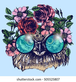 Hippie eagle owl in the roses wreath and round sunglasses. Chic animal portrait. Fashion vector illustration for your blog, logo and other design.