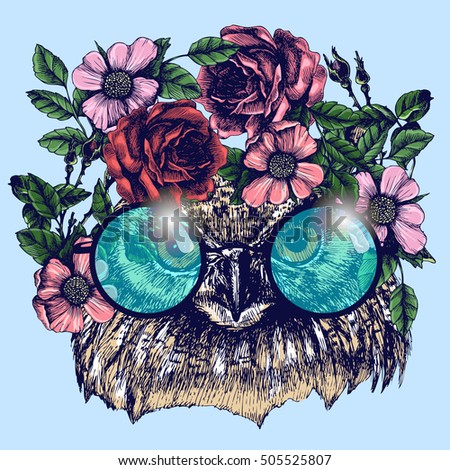 Hippie eagle owl in the roses wreath and round sunglasses. Chic animal portrait. Fashion vector illustration for your blog, logo and other design.