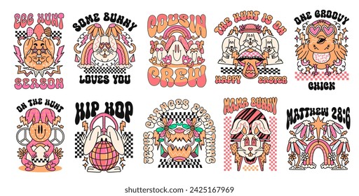 Colección de poster gráfico de Pascua hippie. Conjunto de diseño de camiseta de Pascua retro de los años 90, paquete de citas de Pascua, personaje de dibujos animados del surco de Pascua de los años 80. Conjunto de vectores de días festivos para impresión