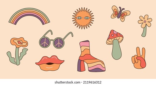 Hippie elements in 60s-80s style.
Psychedelic, comic groovy elements. Vector illustration.