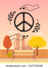 Hippie emblem surrounded by two hands and two spikelets. Background of vector illustration is misty autumn city with high buildings and skyscrapers