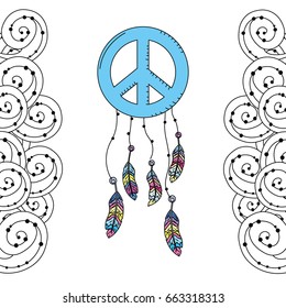 hippie emblem symbol with feathers and ornamental design