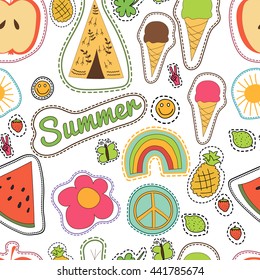 hippie embroidery colorful summer patches pattern. Vector seamless pattern with pineapple, watermelon, ice cream, lemon, butterfly, wigwam, clover, strawberry, sun smile rainbow pacific