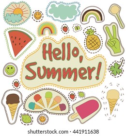 hippie embroidery colorful summer patches collection. vector set illustration ice cream, watermelon, rainbow, pineapple, cloud, sun, clover - stickers quirky cartoon patch badges or fashion pin badges