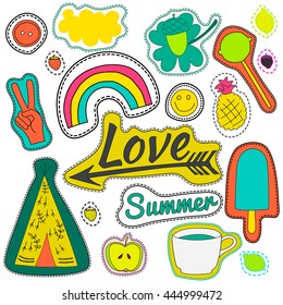 hippie embroidery neon colors summer patches collection. vector set illustration coffee, love arrow, wigwam, rainbow, pineapple, summer, cloud, button, ice cream for stickers patches embroidery badges
