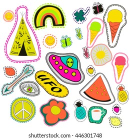 hippie embroidery neon hand drawn patches collection. vector set illustration coffee, arrow, wigwam, rainbow, pineapple, watermelon, UFO, sun, eye, ice cream for stickers, patches, embroidery badges