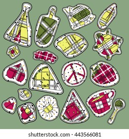 hippie embroidery tartan summer patches collection. vector set illustration coffee cup, wigwam, sun, cloud, heart, ice cream, snail,watermelon, strawberry, feather, for stickers patches magnets badges