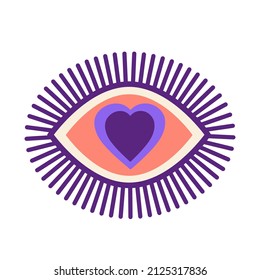 Hippie eye with heart element. Isolated psychedelic symbol. Hippy love art with eyelashes