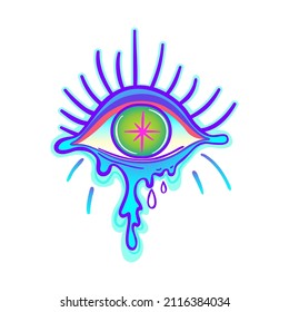 Hippie eye. Psychedelic hallucination. Vibrant vector illustration. Magic fairy face, nebula make up with stars. Hand-drawn Eye of Providence. Alchemy, religion, spirituality, occultism, tattoo art.