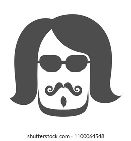 Hippie face silhouette with sunglasses, vintage mustache, beard and long hair. Vector illustration.