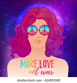 Hippie fashion girl in sunglasses with peace sign. Vector illustration of Flower Child over night sky background. Boho chic style art. Fantasy, spirituality, occultism, tattoo art. Vibrant colors.
