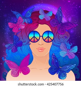 Hippie fashion girl in sunglasses with peace sign. Vector illustration of Flower Child with butterflies over night sky background. Boho chic style art. Fantasy, spirituality, occultism, tattoo art. 
