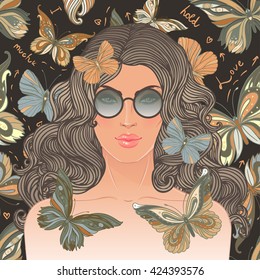 Hippie fashion girl in sunglasses. Vector illustration of Flower Child with butterflies over night sky background. Boho chic style art. Fantasy, spirituality, occultism, tattoo art. 
