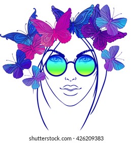 Hippie Fashion Girl In Sunglasses. Vector Illustration Of Flower Child With Butterflies Over Night Sky Background. Boho Chic Style Art. Fantasy, Spirituality, Occultism, Tattoo Art. 