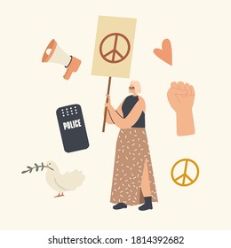 Hippie Female Activist Character with Peace Sign Banner Protest for Love against War. Protesting Woman with Placard and Signboard on Strike or Demonstration, Riot, Picket. Linear Vector Illustration