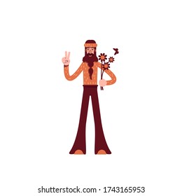 Hippie flat color vector character. Pacifist in 70s vintage clothes. Male hippy with flowers showing peace symbol isolated cartoon illustration for web graphic design and animation