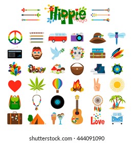 Hippie flat icons. Vector hippie colored signs