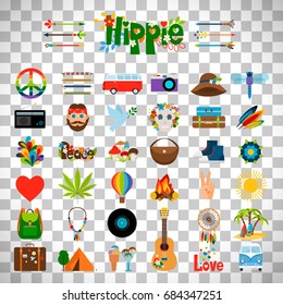 Hippie flat icons, vector hippie signs isolated on transparent background