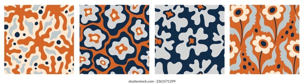 Hippie flowers seamless patterns set. Retro styled collection with wavy liquid flowers and natural organic shapes. Modern fashion design. Repeat vector illustration