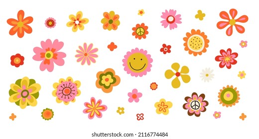 Flores hippie. Flores de estilo hippy, elementos decorativos retro vintage dibujados a mano, flores abstractas de los años 60 y 70, colores brillantes decoración infantil adorable, objetos de doodle paz y caras graciosas vector