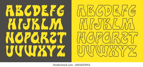 Hippie font. Psychedelic retro alphabet with 60s hippy distortion style, modern bold typeface for fashion t-shirt design, logo or poster. Vector font glyphs set.