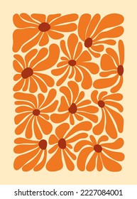 Hippie fun background. 1960s nostalgic groovy vector illustration. Retro flower power gift card template. Vintage 1970s floral poster.