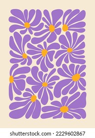 Hippie fun background. 1960s nostalgic groovy vector illustration. Retro flower power gift card template. Vintage 1970s floral poster.