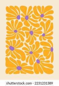 Hippie fun background. 1960s nostalgic groovy vector illustration. Retro flower power gift card template. Vintage 1970s floral poster.