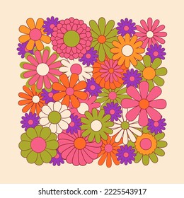 Hippie fun background. Retro flower power squared gift card template. Vintage 1970s floral poster. 1960s nostalgic groovy flat vector illustration.