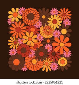 Hippie fun background. Retro flower power squared gift card template. Vintage 1970s floral poster. 1960s nostalgic groovy flat vector illustration.