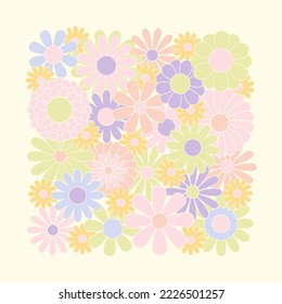 Hippie fun background. Retro flower power squared gift card template. Vintage 1970s floral poster. 1960s nostalgic groovy flat vector illustration.