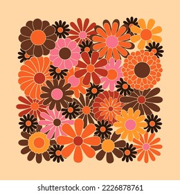 Fondo de diversión hippie. Plantilla de tarjeta de regalo cuadrada con poder de flor retro. Cartel floral de la época de los años 70. Ilustración vectorial plana de groovía nostálgica de los años 60.