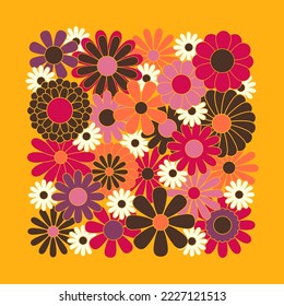 Hippie fun background. Retro flower power squared gift card template. Vintage 1970s floral poster. 1960s nostalgic groovy flat vector illustration.