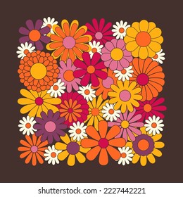 Hippie fun background. Retro flower power squared gift card template. Vintage 1970s floral poster. 1960s nostalgic groovy flat vector illustration.