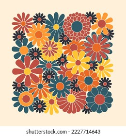 Hippie fun background. Retro flower power squared gift card template. Vintage 1970s floral poster. 1960s nostalgic groovy flat vector illustration.