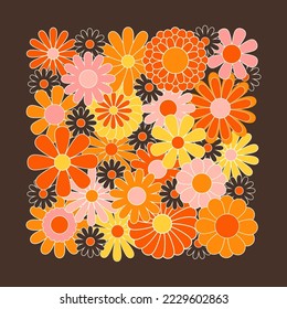 Hippie fun background. Retro flower power squared gift card template. Vintage 1970s floral poster. 1960s nostalgic groovy flat vector illustration.